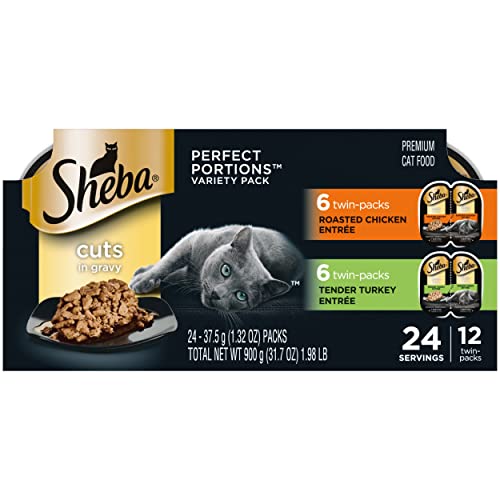 0023100118338 - SHEBA PERFECT PORTIONS SOFT WET CAT FOOD CUTS IN GRAVY ROASTED CHICKEN ENTRÉE & TENDER TURKEY ENTRÉE VARIETY PACK, 2.6 OZ. EASY PEEL TWIN-PACK TRAYS