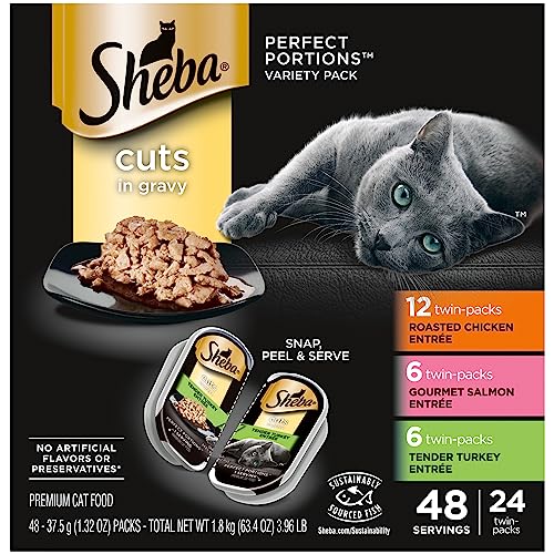 0023100123622 - SHEBA PERFECT PORTIONS SOFT WET CAT FOOD CUTS IN GRAVY ROASTED CHICKEN ENTRÉE, GOURMET SALMON ENTRÉE, TENDER TURKEY ENTRÉE VARIETY PACK, 2.6 OZ. EASY PEEL TWIN-PACK TRAYS