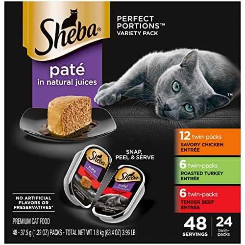 0023100124001 - SHEBA PERFECT PORTIONS SOFT WET CAT FOOD PATÉ IN NATURAL JUICES SAVORY CHICKEN, ROASTED TURKEY, & TENDER BEEF ENTRÉES VARIETY PACK 2.6 OZ. (24 TWIN PACKS)