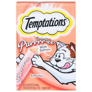 0023100137438 - TEMPTATIONS CREAMY PUREE WITH SALMON LICKABLE, SQUEEZABLE CAT TREATS, 0.42OZ POUCHES, 4 COUNT (PACK OF 1)