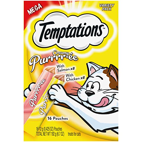 0023100141909 - TEMPTATIONS CREAMY PUREE WITH CHICKEN AND SALMON VARIETY PACK OF LICKABLE, SQUEEZABLE CAT TREATS, 0.42 OZ POUCHES, 16 COUNT