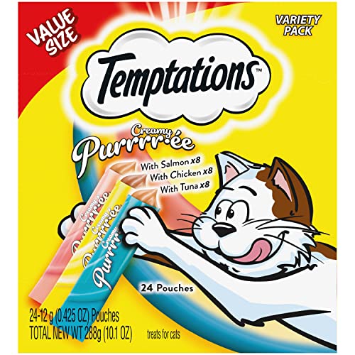 0023100141961 - TEMPTATIONS CREAMY PUREE WITH CHICKEN, SALMON, AND TUNA VARIETY PACK OF LICKABLE, SQUEEZABLE CAT TREATS, 0.42 OZ POUCHES, 24 COUNT