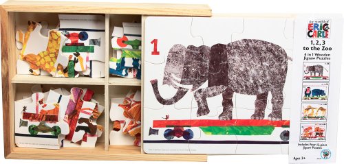 0023332301287 - BEPUZZLED ERIC CARLE WOODEN PUZZLES - 1,2,3 TO THE ZOO 4 IN 1 WOODEN JIGSAW PUZZLE BOX