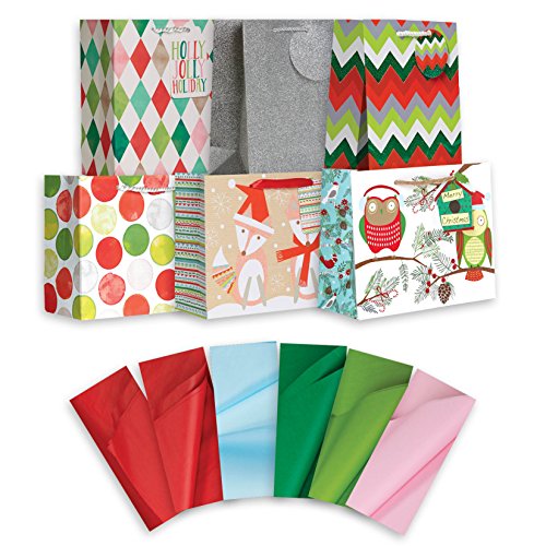 0023571933027 - JILLSON ROBERTS CHRISTMAS MEDIUM GIFT BAGS IN ASSORTED DESIGNS WITH TISSUE, WOODLAND WHIMSY, 6-COUNT
