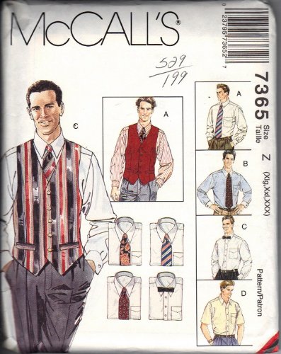 0023795736527 - MCCALL'S 7365 SEWING PATTERN, MEN'S LINED VEST, SHIRT, TIE IN TWO LENGTHS AND BOW TIE, SIZE Z (XLG,XXL,XXX)