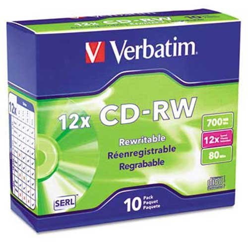 0023942951568 - VERBATIM CD-RW DISCS, 700MB/80MIN, 12X, W/SLIM JEWEL CASES, SILVER, 10/PACK