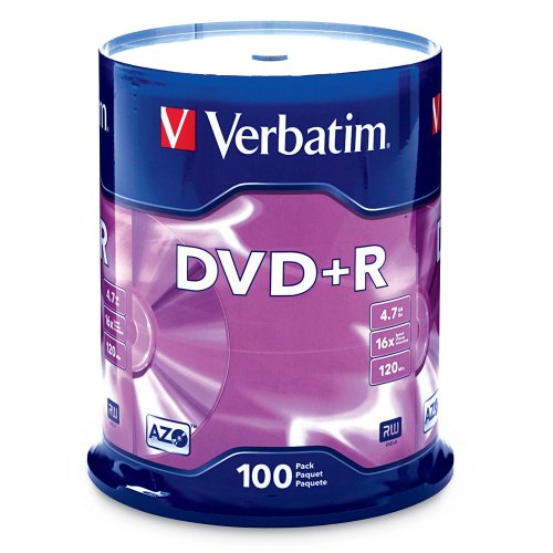 0023942974598 - VERBATIM 4.7 GB UP TO 16X BRANDED RECORDABLE DISC DVD+R 100-DISC SPINDLE FFP 97459