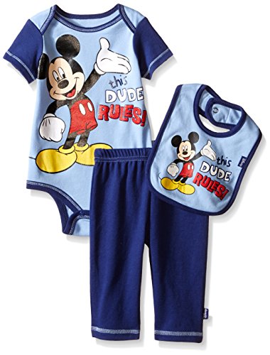 0024054394922 - DISNEY BABY MICKEY MOUSE 3 PIECE BODYSUIT, PANT AND BIB SET, BABY BLUE, 3-6 MONTHS