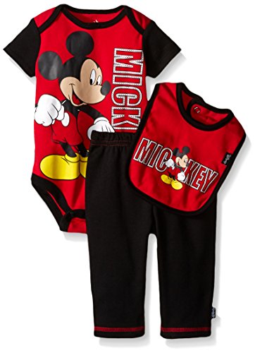 0024054395011 - DISNEY BABY MICKEY MOUSE 3 PIECE BODYSUIT, PANT AND BIB SET, RED, 3-6 MONTHS
