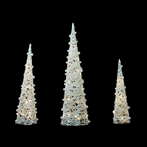 0257554435103 - SET OF 3 BATTERY OPERATED WHITE AND SILVER GLITTERED LED LIGHTED CONE TREE CHRISTMAS DECORATION 39.25