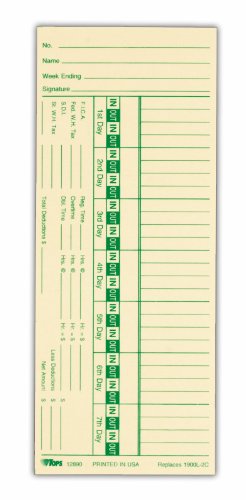 0025932128905 - TOPS(R) TIME CARDS, NUMBERED DAYS, 2-SIDED, BI-WEEKLY FORMAT WITH OVERTIME, 8 3/4IN. X 3 1/2IN., BOX OF 500