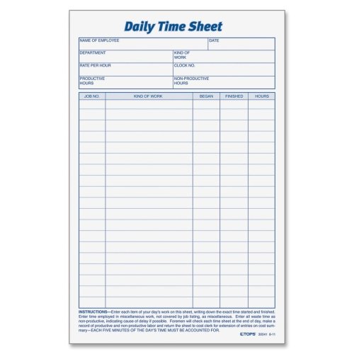 0025932300417 - TOPS(R) DAILY TIME SHEET FORMS, 9.5IN. X 6IN., BLACK/WHITE, 100 SHEETS PER PAD,
