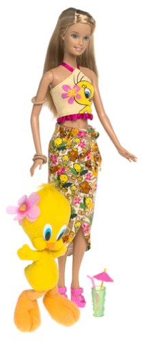 0027084052411 - BARBIE YEAR 2003 LOONEY TUNES BACK IN ACTION SERIES 12 INCH DOLL SET - BARBIE LOVES TWEETY PIOLIN PIU-PIU WITH BARBIE DOLL IN BEACH OUTFIT HOLDING A COCKTAIL GLASS PLUS TWEETY CHARACTER 5 INCH PLUSH
