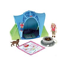0027084769104 - FISHER PRICE LOVING FAMILY CAMPING TENT PLAYSET WITH 4 INCH TALL SISTER DOLL, PET DOG, BLUE TENT, CAMPFIRE, LANTERN AND SLEEPING BAG