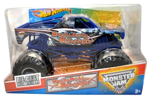 0027084894462 - HOT WHEELS MONSTER JAM 1:24 SCALE DIE CAST METAL BODY OFFICIAL MONSTER TRUCK 2011 SERIES #T8520 - JIM BURNS MECHANICAL MISCHIEF WITH MONSTER TIRES, WORKING SUSPENSION AND 4 WHEEL STEERING (DIMENSION : 7 L X 5-1/2 W X 4-1/2 H)
