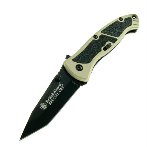0028634701438 - SMITH & WESSON SPECMBD MEDIUM SPECIAL OPS KNIFE WITH MAGIC ASSIST OPEN, BLACK BALDE AND DESERT TAN HANDLE