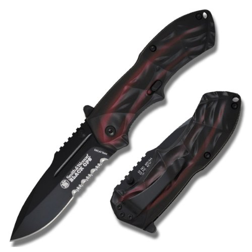0028634704033 - SMITH & WESSON BLACK OPS 3 RED HANDLE 40% SERRATED DROP POINT BLADE - SWBLOP3RS