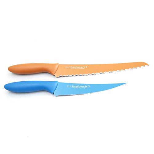 0029441083052 - KAI PURE KOMACHI 2 STAINLESS STEEL 2 PIECE 6 INCH BLUE UTILITY AND 8 INCH ORANGE BREAD KNIFE SET