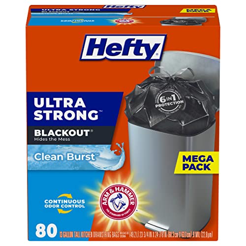 0300713200415 - HEFTY ULTRA STRONG TALL KITCHEN TRASH BAGS, BLACKOUT, CLEAN BURST, 13 GALLON, 80 COUNT