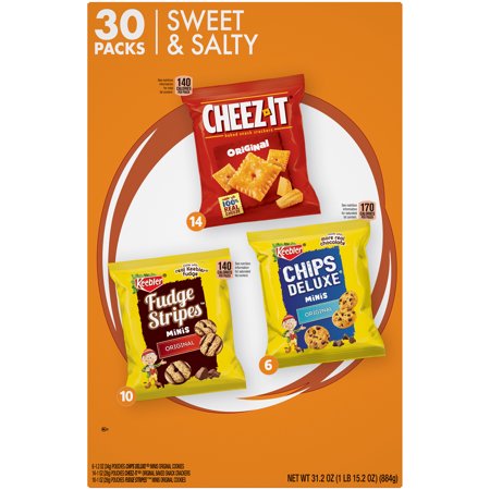 0030100112488 - KELLOGG’S VARIETY SNACK PACK, CHIPS DELUXE, CHEEZ-IT & FUDGE STRIPES, 31.2 OZ, 30 COUNT