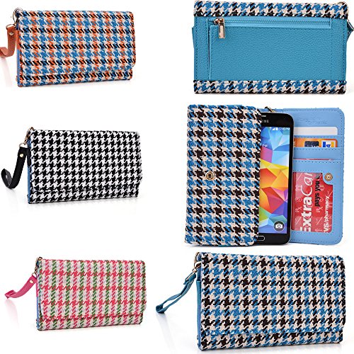 0301121185899 - SMARTPHONE WALLET WRISTLET HOUNDSTOOTH PATTERN IN BABY BLUE/CHOCOLATE BROWN: UNIVERSAL DESIGN FITS PRESTIGIO MULTIPHONE 4300 DUO/PRESTIGIO MULTIPHONE 4055 DUO