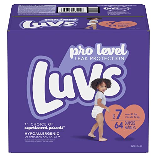0030772035214 - DIAPERS SIZE 7, 64 COUNT - LUVS PRO LEVEL LEAK PROTECTION HYPOALLERGENIC DISPOSABLE BABY DIAPERS FOR SENSITIVE SKIN (PACKAGING MAY VARY)