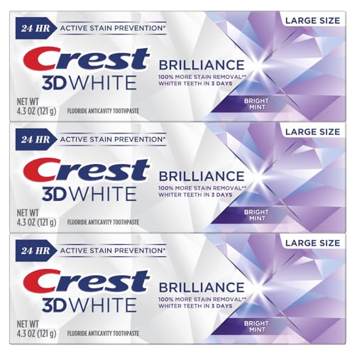 0030772147092 - CREST 3D WHITE BRILLIANCE BRIGHT MINT TEETH WHITENING TOOTHPASTE, 4.3 OZ PACK OF 3, 100% MORE SURFACE STAIN REMOVAL, 24 HOUR ACTIVE STAIN PREVENTION, WHITER TEETH IN 3 DAYS