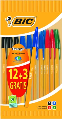 3086123134737 - BIC CRYSTAL ORANGE FINE BALL PENS - ASSORTED (VALUE PACK OF 12, PLUS 3 FREE)