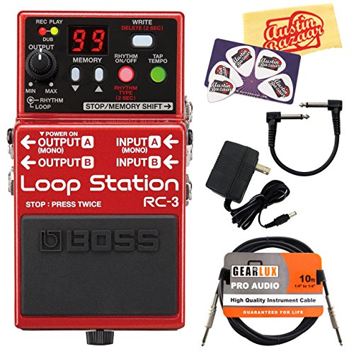 0030955396620 - BOSS RC-3 LOOP STATION GUITAR EFFECTS PEDAL BUNDLE WITH 9V POWER ADAPTER, GEARLUX INSTRUMENT CABLE, PATCH CABLE, PICKS, AND POLISHING CLOTH