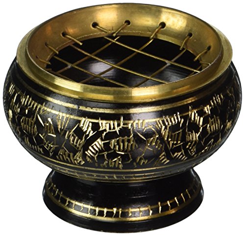 0309680000028 - INDIA SMALL DECORATED BRASS CHARCOAL SCREEN INCENSE BURNER WITH WOODEN COASTER