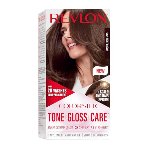 0309970247645 - REVLON COLORSILK TONE + GLOSS + CARE DEMI PERMANENT HAIR COLOR, HAIR DYE WITH LEAVE IN SCALP AND HAIR SERUM, 2X SHINIER, 4X STRONGER, 6 LIGHT BROWN, 4.5 FL. OZ
