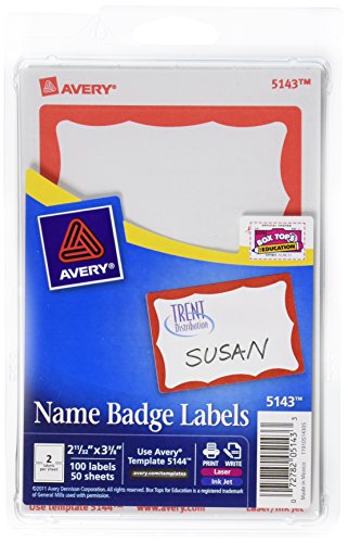 0031112571157 - AVERY PRINT OR WRITE NAME BADGE LABELS, RED BORDER, 2-11/32 X 3-3/8 INCHES, PACK OF 100