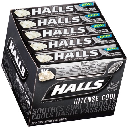 0312546000919 - HALLS ORAL ANESTHETIC MENTHOL DROPS, INTENSE COOL, 9-DROP STICKS (PACK OF 20)