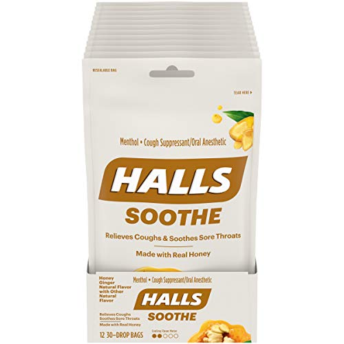 0312546004047 - HALLS HONEY COUGH DROPS, HONEY GINGER FLAVOR, 12 RESEALABLE BAGS (360 DROPS TOTAL), 12 COUNT (PACK OF 4)