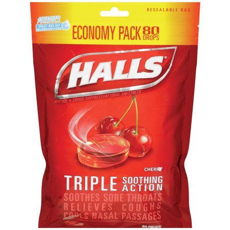 0312546637887 - HALLS COUGH SUPPRESSANT, CHERRY, 80 DROP POUCH (PACK OF 12)