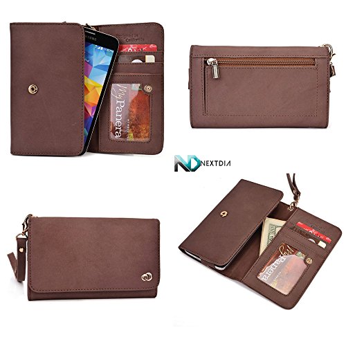 0322012954196 - SMARTPHONE GENUINE LEATHER WALLET WRISTLET FOR PRESTIGIO MULTIPHONE 5400 DUO| CHOCOLATE BROWN WITH CREDIT CARD SLOTS AND ZIPPERED POUCH FOR COINS + DETACHABLE WRISTLET