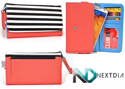 0322013733912 - DELL STREAK WALLET WRISTLET CLUTCH WITH HAND STRAP AND CREDIT CARD SLOTS| CORAL NECTAR, VIBE BLUE, BLACK & WHITE STRIPES