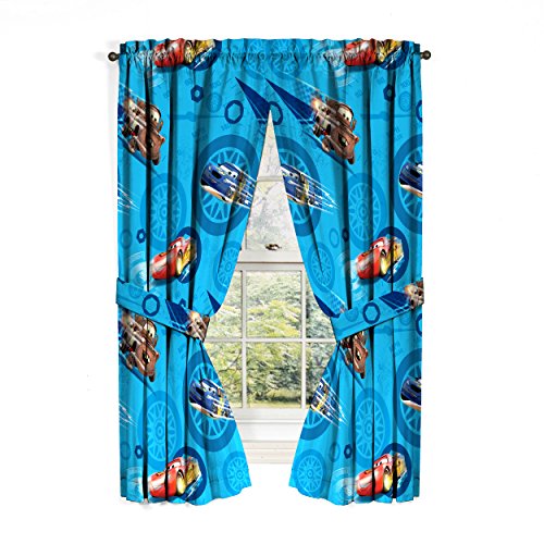 0032281220464 - DISNEY/PIXAR CARS 2 MOVIE CITY LIMITS BLUE DRAPERY/CURTAIN 4PC SET (TWO PANELS, TWO TIE BACKS) WTH LIGHTNING MCQUEEN, MATER & FLASH (OFFICAL DISNEY/PIXAR PRODUCT)