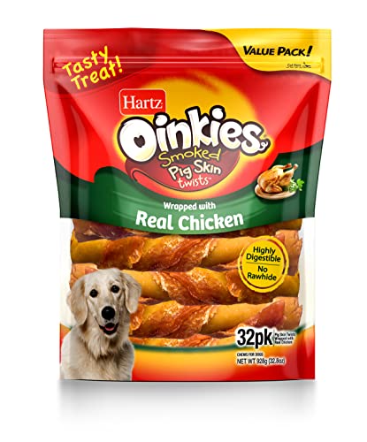 0032700129514 - HARTZ OINKIES DOG TREATS SMOKED PIG SKIN TWISTS WRAPPED WITH REAL CHICKEN, 32 COUNT