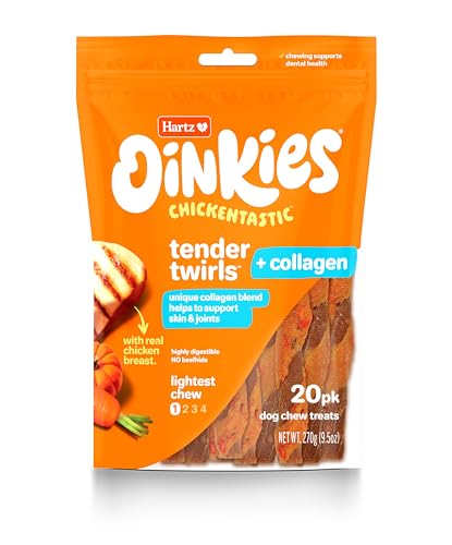 0032700130985 - OINKIES CHICKENTASTIC TENDER TWIRLS + COLLAGEN TO SUPPORT SKIN & JOINTS, MADE WITH REAL CHICKEN BREAST, PUMPKIN & CARROT, LONG-LASTING & RAWHIDE-FREE, 20 COUNT