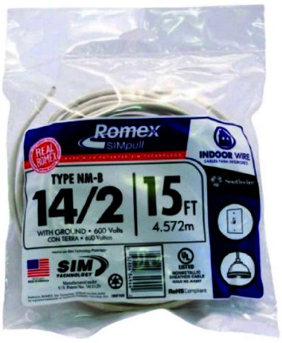 0032886849442 - SOUTHWIRE 28827426 15-FEET 14-GAUGE 2 CONDUCTORS 14/2 WITH GROUND TYPE NM-B ROMEX SIMPULL INDOOR BUILDING WIRE, WHITE OUTER JACKET