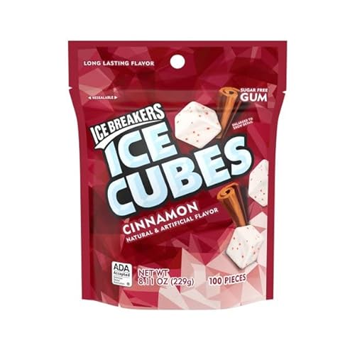 0034000667215 - ICE BREAKERS ICE CUBES CINNAMON FLAVORED SUGAR FREE CHEWING GUM, XYLITOL GUM, 8.11 OZ, BAG (100 PIECES)