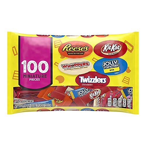 0034000942664 - HERSHEYS MINIATURES ASSORTMENT BAG (REESES, KIT KAT, WHOPPERS, JOLLY RANCHER STIX AND TWIZZLERS STRAWBERRY TWISTS), 100-PIECE, 29.74 OZ.