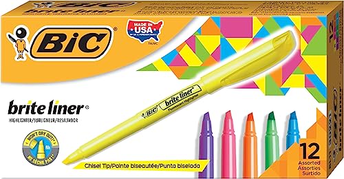 0343538262251 - BIC BRITE LINER HIGHLIGHTERS, CHISEL TIP, 12-COUNT PACK OF HIGHLIGHTERS ASSORTED COLORS, IDEAL HIGHLIGHTER SET FOR ORGANIZING AND COLORING