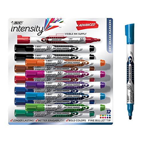 0343538469223 - BIC INTENSITY ADVANCED DRY ERASE MARKER, FINE BULLET TIP, ASSORTED COLORS, 12-COUNT, LOW ODOR AND BOLD WRITING