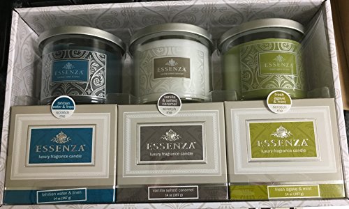 0034644339318 - ESSENZA LUXURY FRAGRANCE CANDLES 3-PC GIFT SET (TAHITIAN WATER & LINES, VANILLA, FRESH AGAVE & MINT)