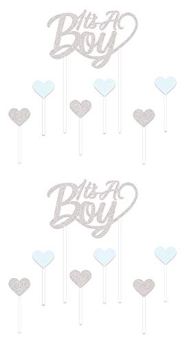 0034689210467 - BEISTLE 2 PIECE ITS A BOY CAKE TOPPERS WITH 12 HEART FOOD PICKS GENDER REVEAL BABY SHOWER PARTY DECORATIONS, 7 X 4.5 & 3.25 X 1.5, SILVER/LIGHT BLUE