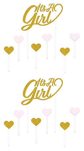 0034689210474 - BEISTLE 2 PIECE ITS A GIRL CAKE TOPPERS WITH 12 HEART FOOD PICKS GENDER REVEAL BABY SHOWER PARTY DECORATIONS, 7 X 4.5 & 3.25 X 1.5, GOLD/PINK