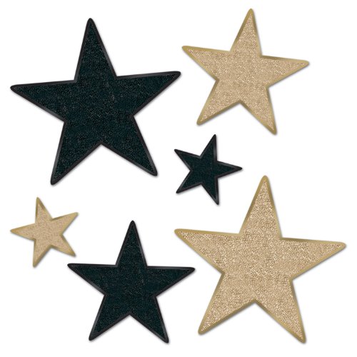 0034689578574 - BEISTLE 57857-BKGD 6 COUNT ASSORTED GLITTERED STAR CUTOUT, BLACK AND GOLD