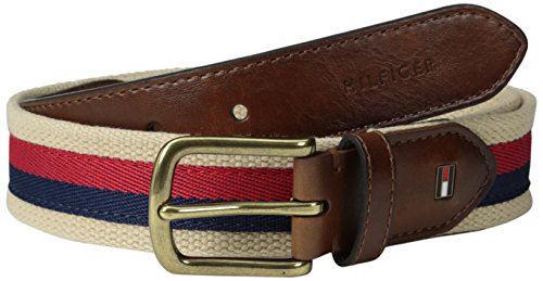 0034758534470 - TOMMY HILFIGER MEN'S CASUAL FABRIC BELT WITH RIBBON OVERLAY AND LEATHER TABS, RED/NAVY, 32